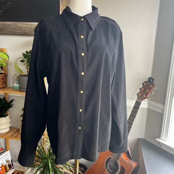 Vintage Y2K Black Faux Suede Brass Button Snap Front Blouse Size XL - Picture 1 of 4